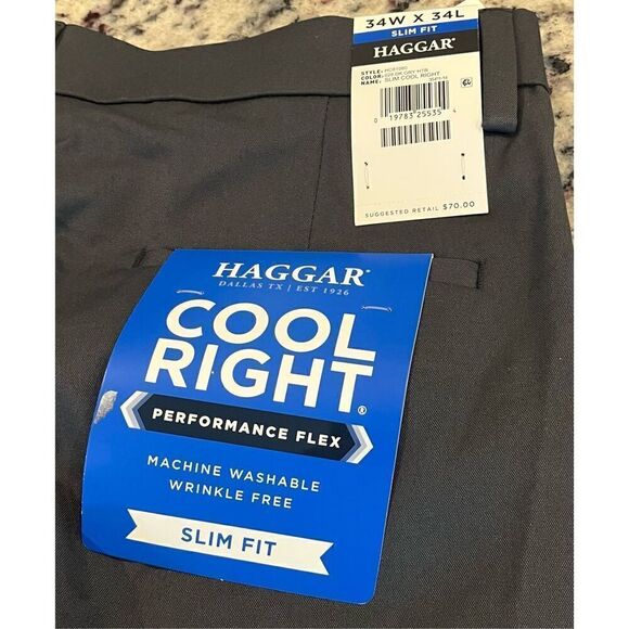 HAGGAR Men's Cool Right Performance Flex Solid Slim Fit Flat Front Pant - Picture 5 of 6